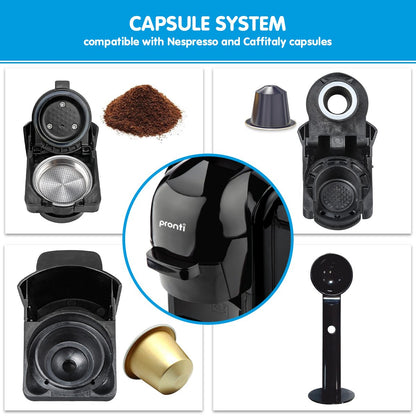 Pronti HomeMaid 3-in-1 Coffee Machine - Multi-Capsule Pods & Ground Coffee