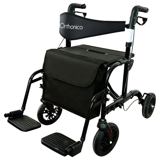 Orthonica Aluminium 2-in-1 Rollator Wheelchair with Foldable Frame – Black & Silver