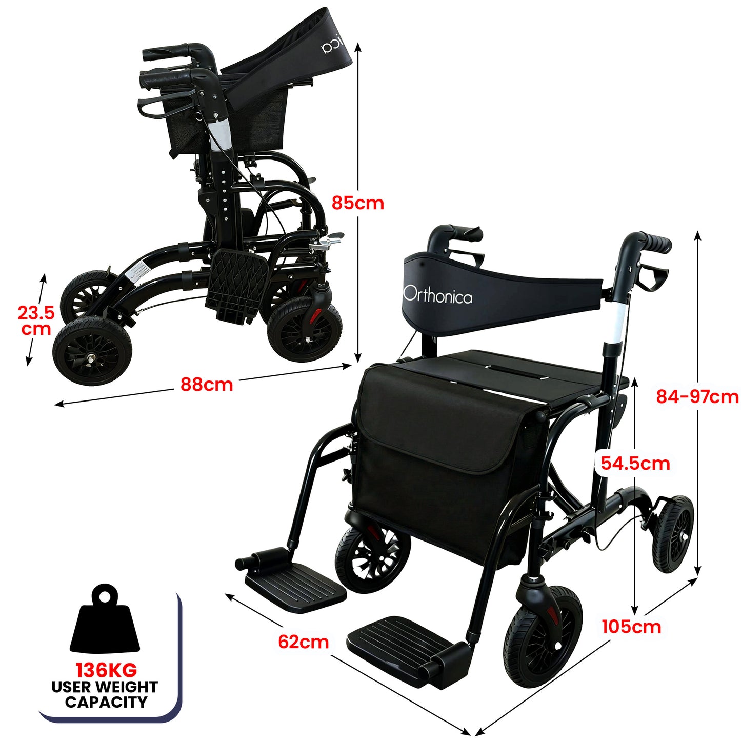 Orthonica Aluminium 2-in-1 Rollator Wheelchair with Foldable Frame – Black & Silver