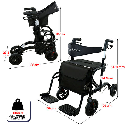 Orthonica Aluminium 2-in-1 Rollator Wheelchair with Foldable Frame – Black & Silver