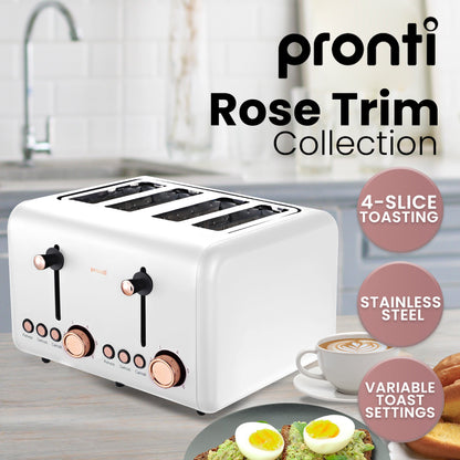 Pronti Breakfast Set with Rose Gold Kettle & Toaster with 1.2L Espresso Machine - White