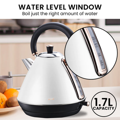 Pronti Breakfast Set with Rose Gold Kettle & Toaster with 1.2L Espresso Machine - White