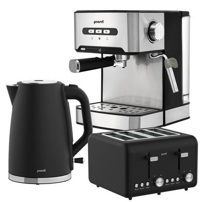 Pronti Breakfast Set with 1.6L Coffee Machine, Silver Noir Toaster & Kettle