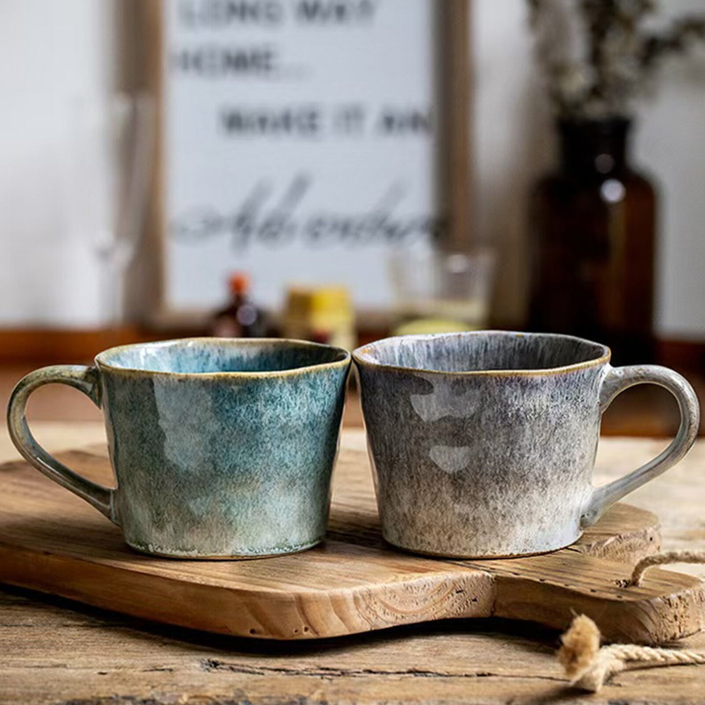 2X Reactive Glazed Ceramic Coffee Mugs 350ml - Earthy Grey Blue Organic Design