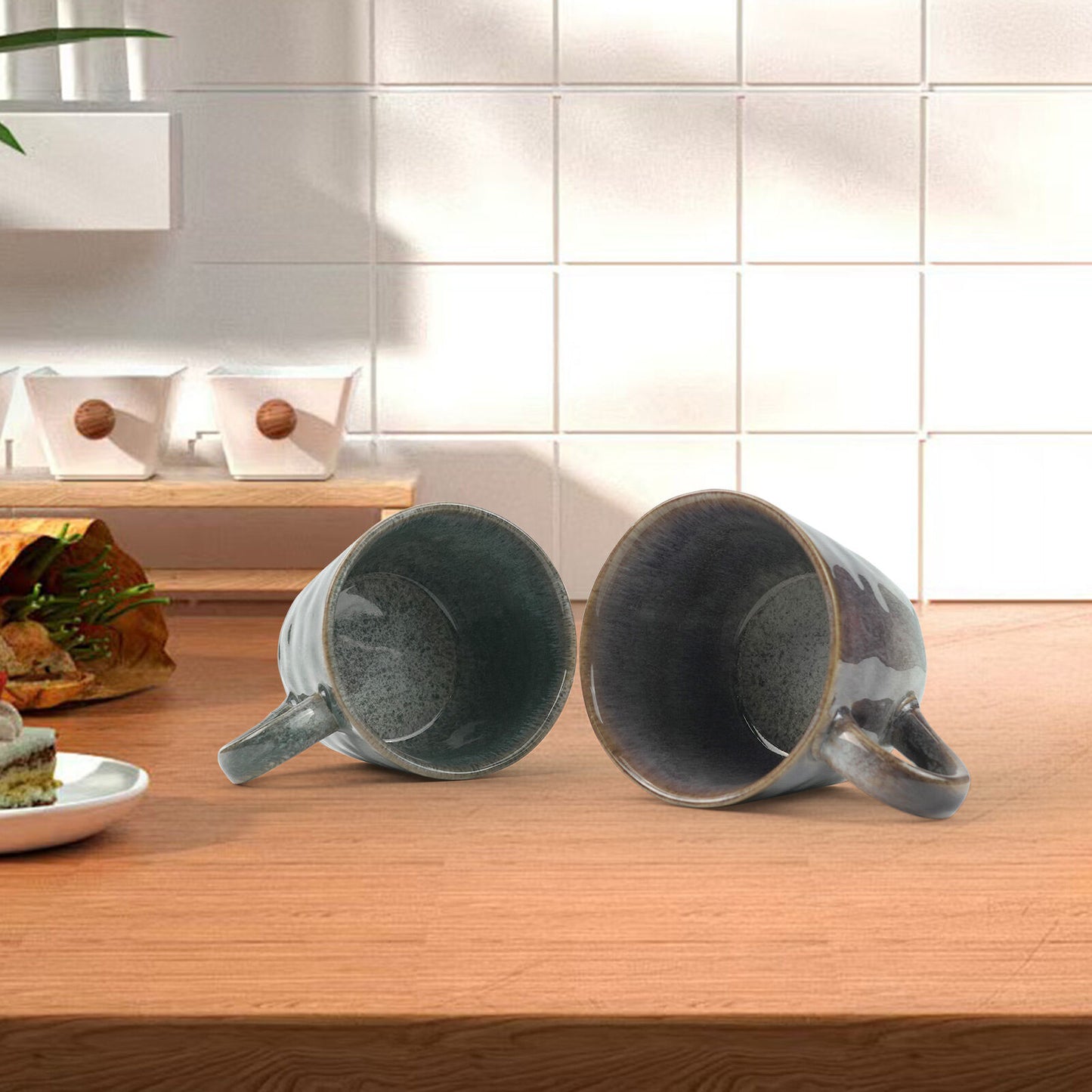 2X Reactive Glazed Ceramic Coffee Mugs 350ml - Earthy Grey Blue Organic Design