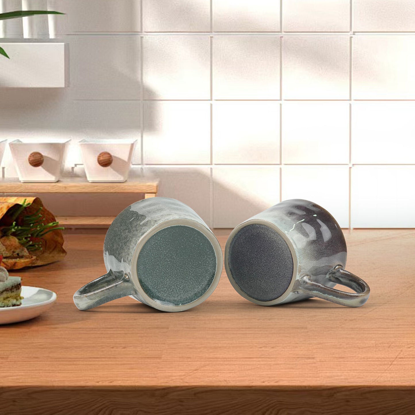 2X Reactive Glazed Ceramic Coffee Mugs 350ml - Earthy Grey Blue Organic Design