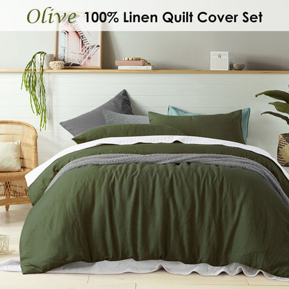 100% Linen Olive Quilt Cover Set Super King
