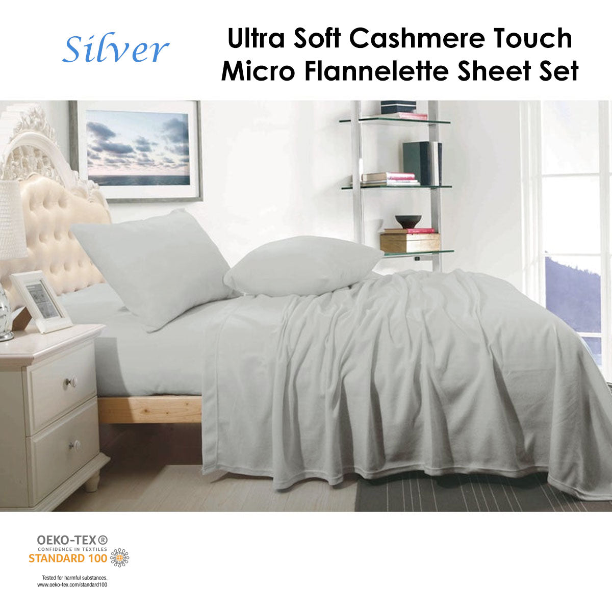 Shangri La Cashmere Touch Micro Flannelette Sheet Set Silver Queen