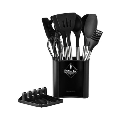 13PCS Silicone Kitchen Utensil Set Stainless Steel Handle Non-Stick Cooking Tool - Black