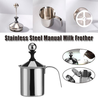 400ml Stainless Steel Manual Milk Frother Double Mesh Strainer Frothing Pitcher