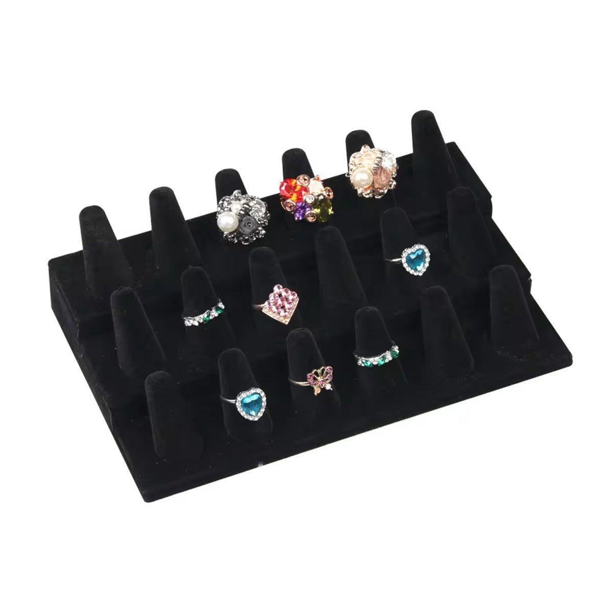 Three Layer Flocking Jewelry Display Stand 18 Finger Ring Organizer Holder