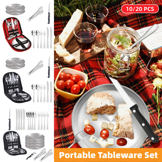 10PCS Camping Cutlery Set - Complete Outdoor Picnic Utensils with Plates, Spoons, Forks and Knives