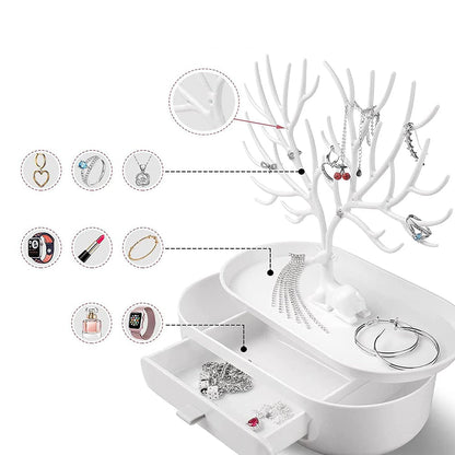 Vibe Geeks Antlers Tree Tower Jewelry Display Stand for Ring Earrings Necklace Bracelet - Green Drawer Model