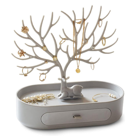 Vibe Geeks Antlers Tree Tower Jewelry Display Stand for Ring Earrings Necklace Bracelet - Grey Drawer Model