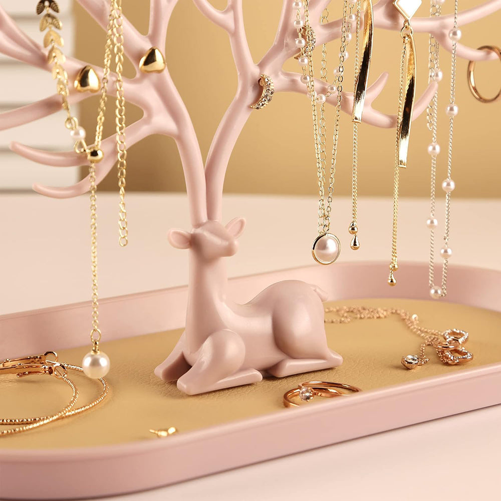 Vibe Geeks Antlers Tree Tower Jewelry Display Stand for Ring Earrings Necklace Bracelet - Pink Drawer Model