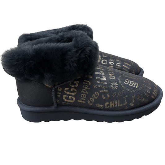 Womens Australian Sheepskin Wool Fur Mini UGG Ankle Boots in Gold Black - 8