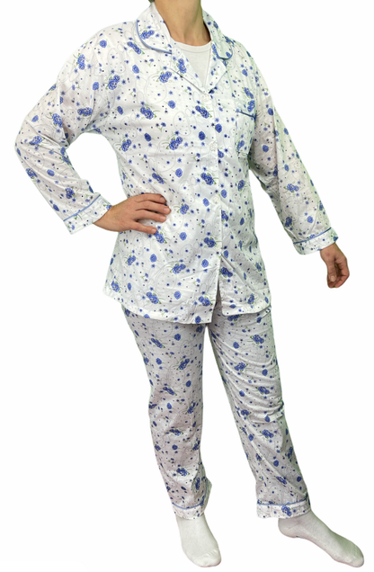 Womens PYJAMAS PJs Set Pajamas Ladies Cotton PJ Womens Long Sleeve Sleepwear - Blue - 12