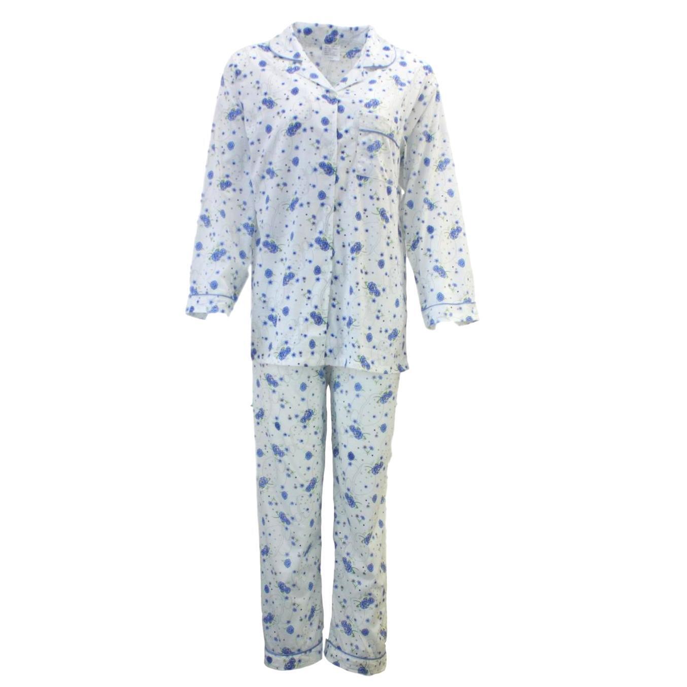 Womens PYJAMAS PJs Set Pajamas Ladies Cotton PJ Womens Long Sleeve Sleepwear - Blue - 16