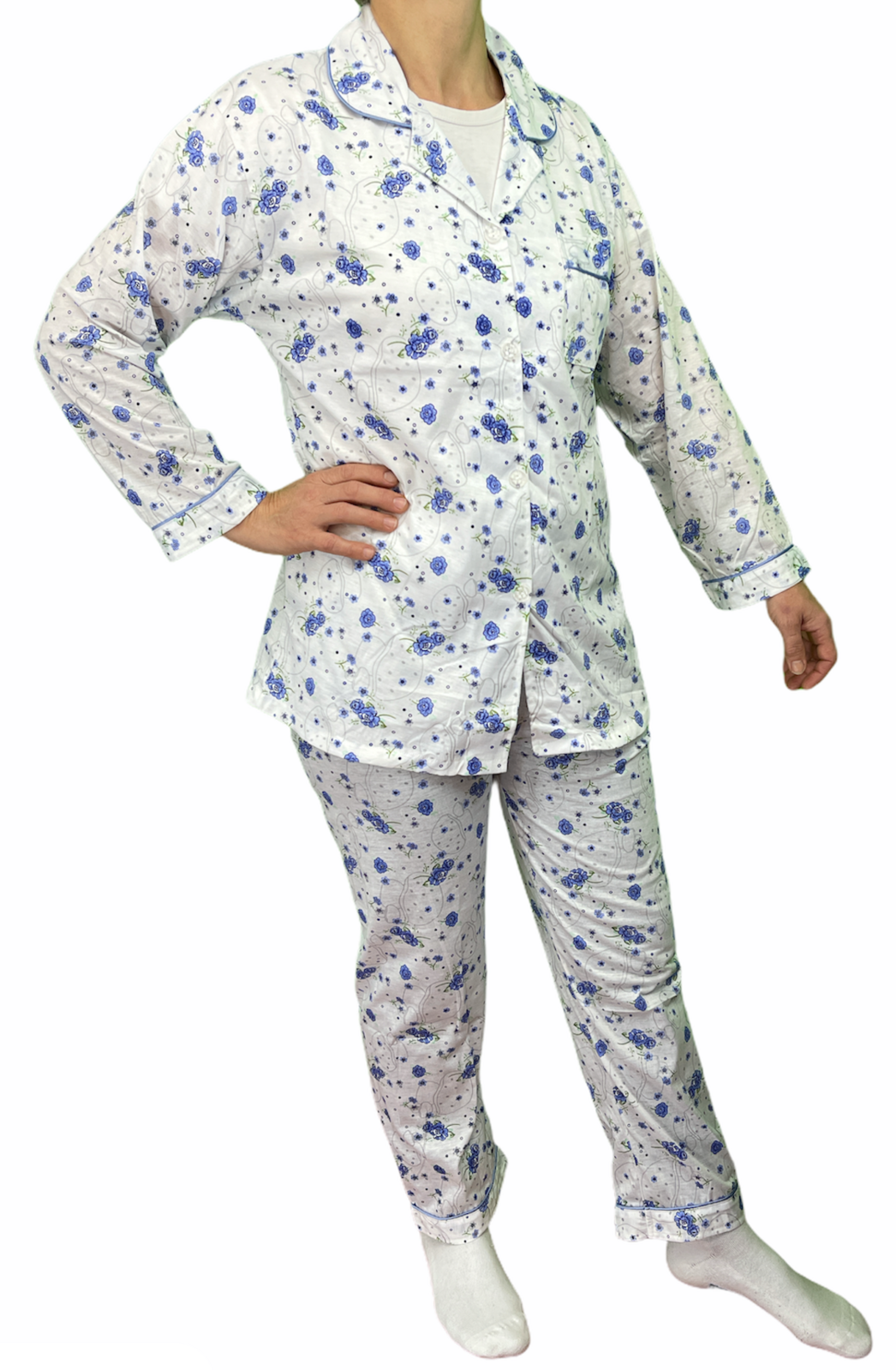 Womens PYJAMAS PJs Set Pajamas Ladies Cotton PJ Womens Long Sleeve Sleepwear - Blue - 16
