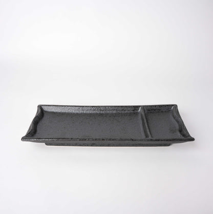 Sashimi Plate Inbuilt Sauce Dish 25cm Black Bamboo Glaze