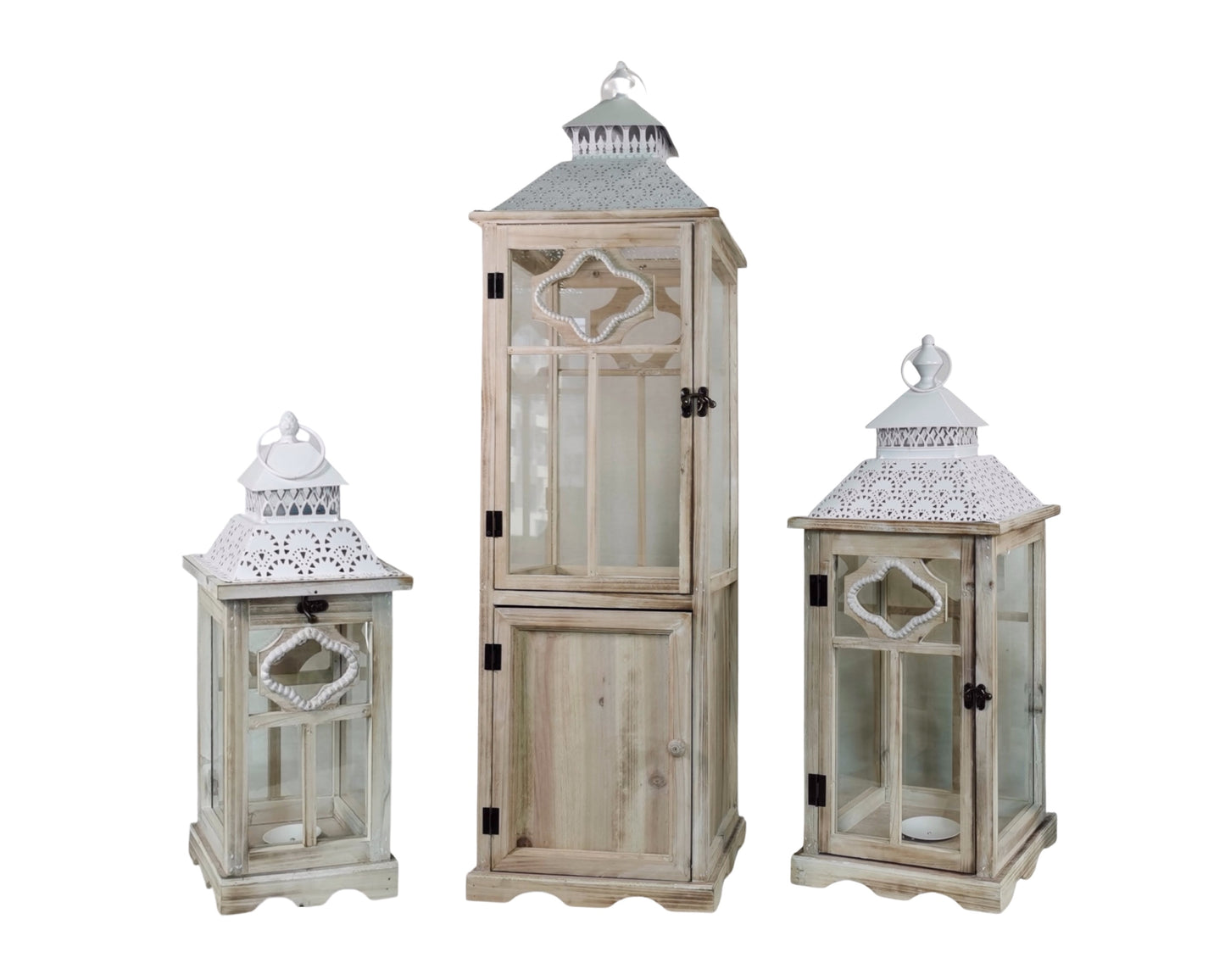 Set 3 Tall Natural Wooden Lantern 117cm