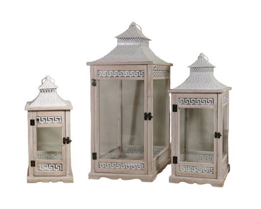 Set 3 Wooden Aegean Heritage Lanterns 77cm