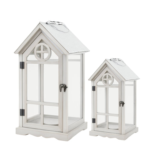 Set 2 Wooden House Lanterns 53cm