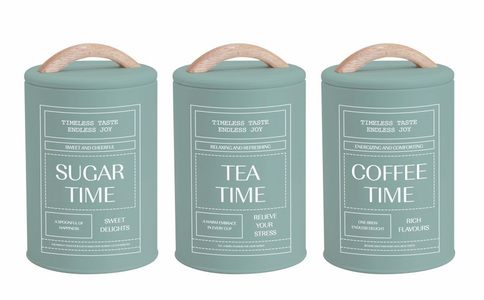 Set 3 Sage Green Metal Coffee Tea Sugar Storage Tins 11x19cm