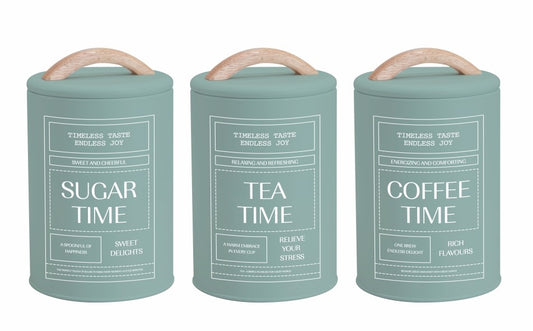 Set 3 Sage Green Metal Coffee Tea Sugar Storage Tins 11x19cm