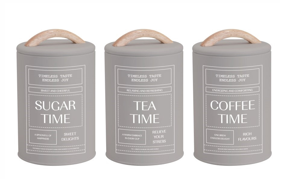 Set 3 Almond Cream Metal Coffee Tea Sugar Storage Tins 11x19cm