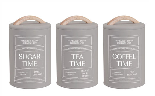 Set 3 Almond Cream Metal Coffee Tea Sugar Storage Tins 11x19cm