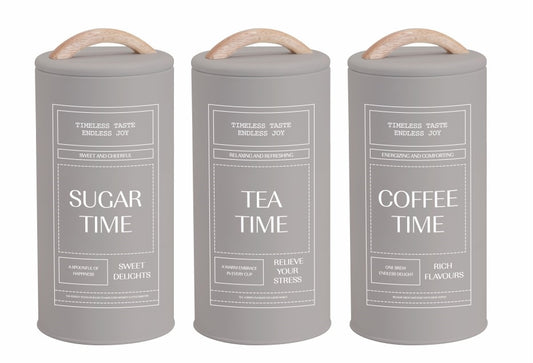 Set 3 Almond Cream Metal Coffee Tea Sugar Storage Tins 11x19cm