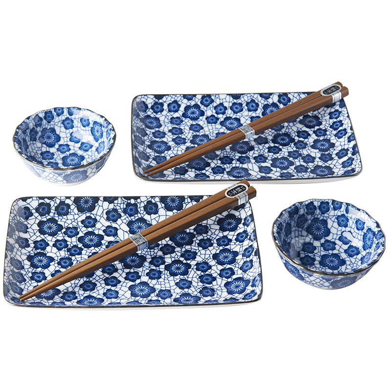 Sushi Set for Two with Chopsticks Black Blue Plum Design