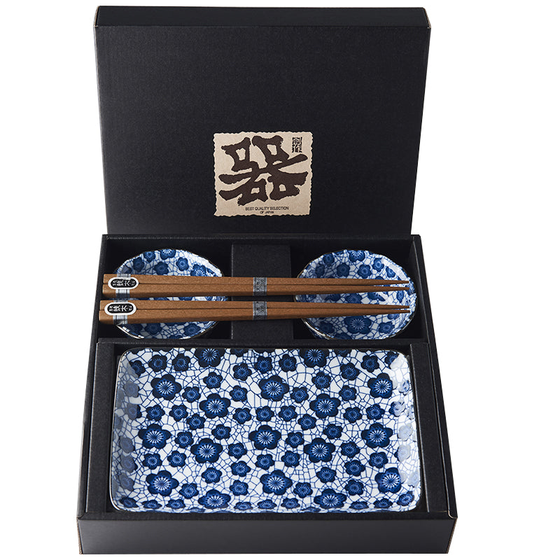 Sushi Set for Two with Chopsticks Black Blue Plum Design