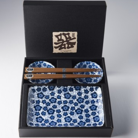 Sushi Set for Two with Chopsticks Black Blue Plum Design