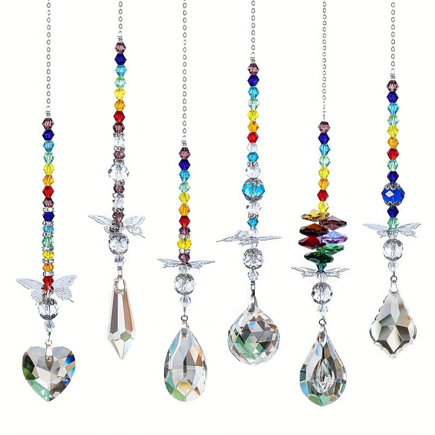 Set of 6 Crystal Suncatcher Hanging Ornaments - Butterfly Star Moon Prism Window Decor