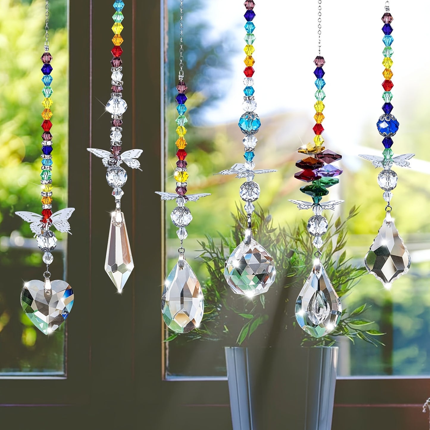 Set of 6 Crystal Suncatcher Hanging Ornaments - Butterfly Star Moon Prism Window Decor