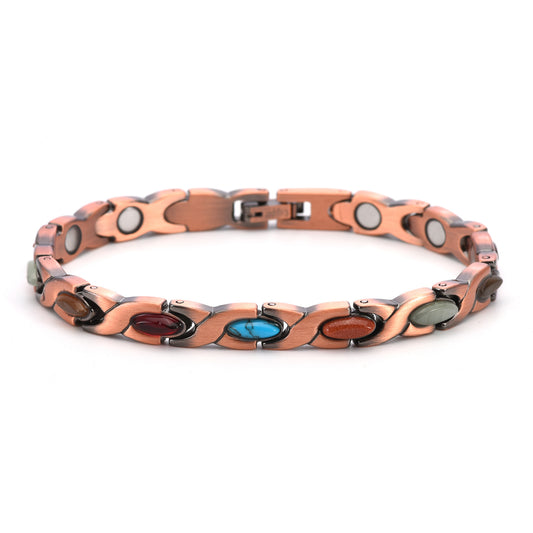 Vintage Copper Tone Magnetic Bracelet Unisex Fish Link Chain with Colourful Stones 19.5cm Bangle for Men and Women Jewellery Gift