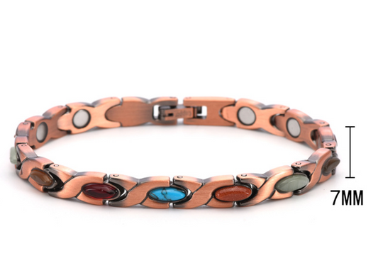 Vintage Copper Tone Magnetic Bracelet Unisex Fish Link Chain with Colourful Stones 19.5cm Bangle for Men and Women Jewellery Gift