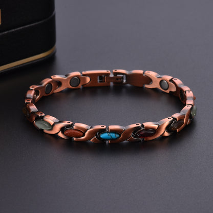 Vintage Copper Tone Magnetic Bracelet Unisex Fish Link Chain with Colourful Stones 19.5cm Bangle for Men and Women Jewellery Gift