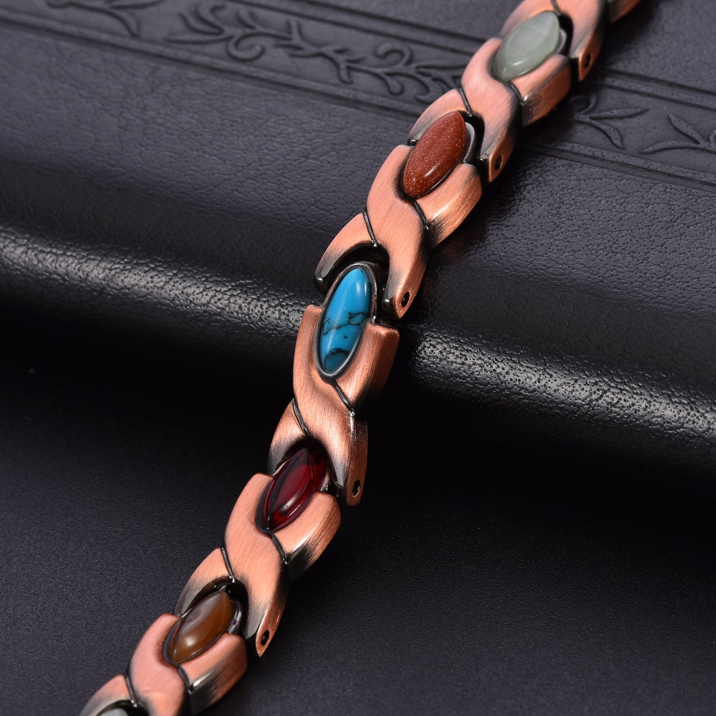 Vintage Copper Tone Magnetic Bracelet Unisex Fish Link Chain with Colourful Stones 19.5cm Bangle for Men and Women Jewellery Gift