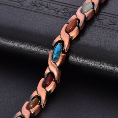 Vintage Copper Tone Magnetic Bracelet Unisex Fish Link Chain with Colourful Stones 19.5cm Bangle for Men and Women Jewellery Gift