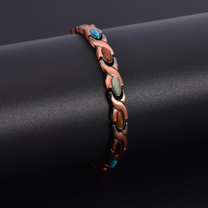 Vintage Copper Tone Magnetic Bracelet Unisex Fish Link Chain with Colourful Stones 19.5cm Bangle for Men and Women Jewellery Gift