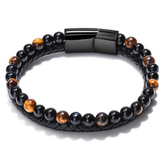 Natural Tiger Eye Stone Men's Leather Bracelet with Magnetic Clasp Beaded Braided Wristband Jewellery Gift 21cm