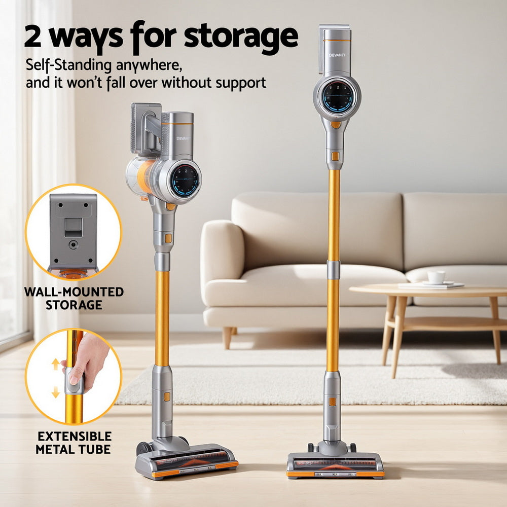 Devanti 300W Stick Vacuum Cleaner Cordless Self-Standing Golden - Powerful Lightweight Cleaning