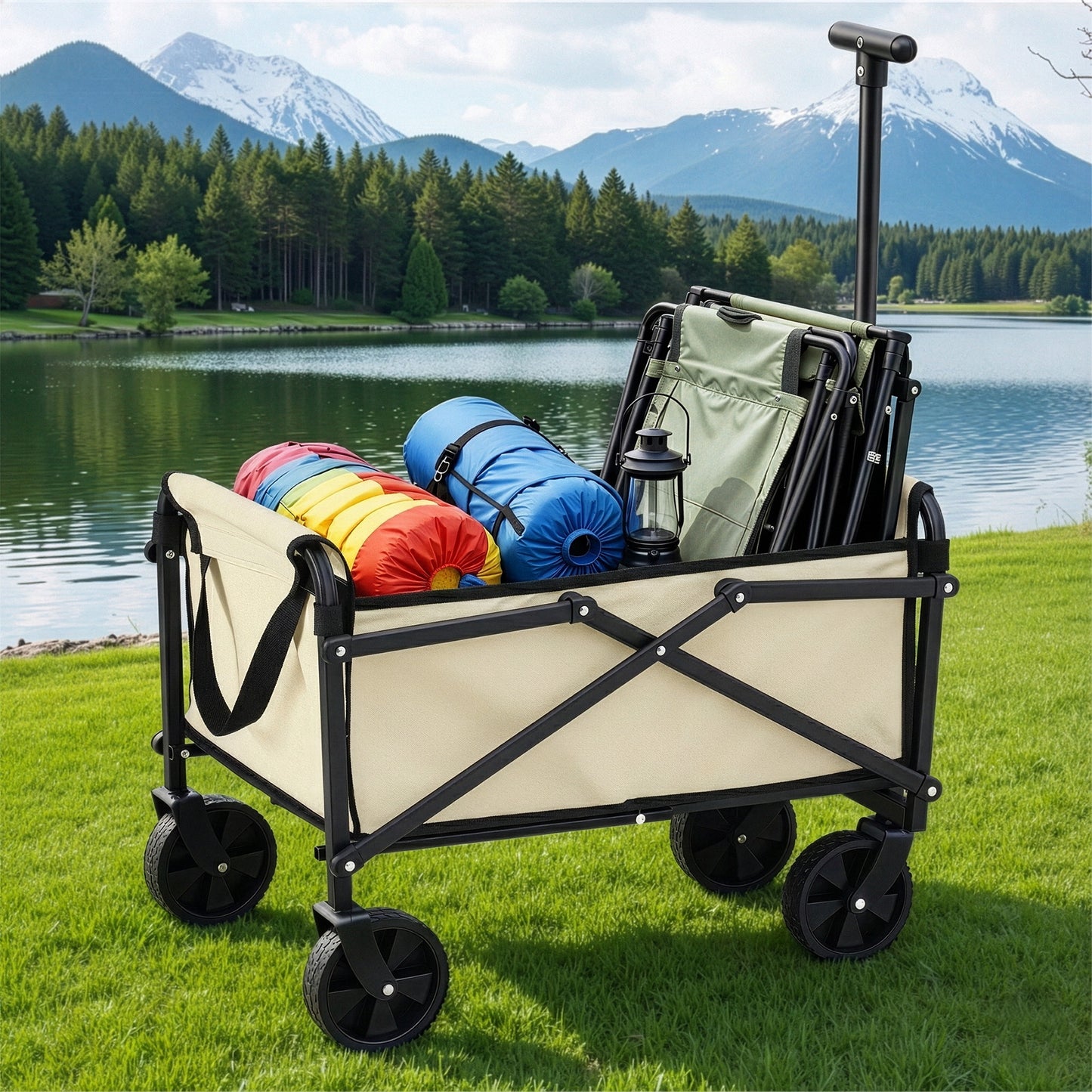 Gardeon Garden Cart Folding Trolley Camping Wagon Barrow Outdoor Beach Beige - #product