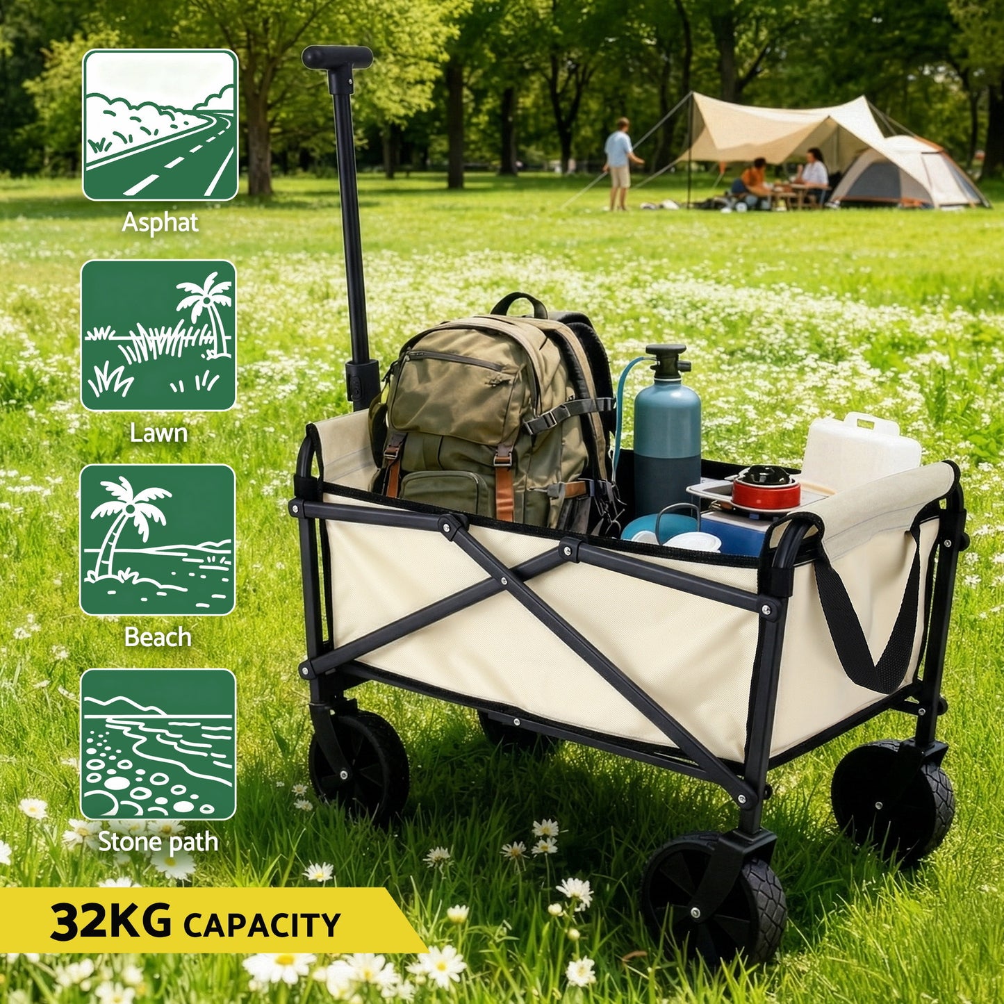 Gardeon Garden Cart Folding Trolley Camping Wagon Barrow Outdoor Beach Beige - #product