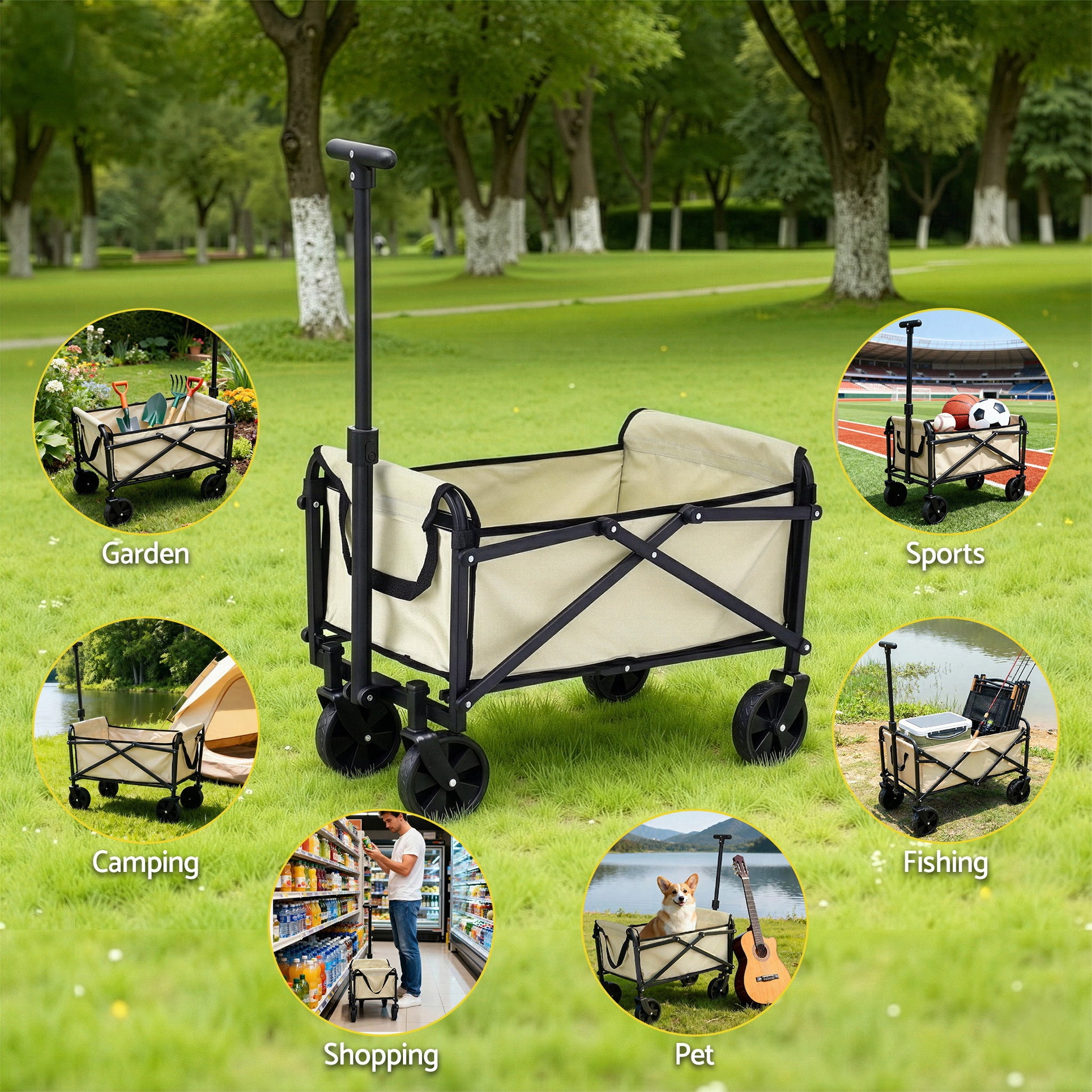 Gardeon Garden Cart Folding Trolley Camping Wagon Barrow Outdoor Beach Beige - #product